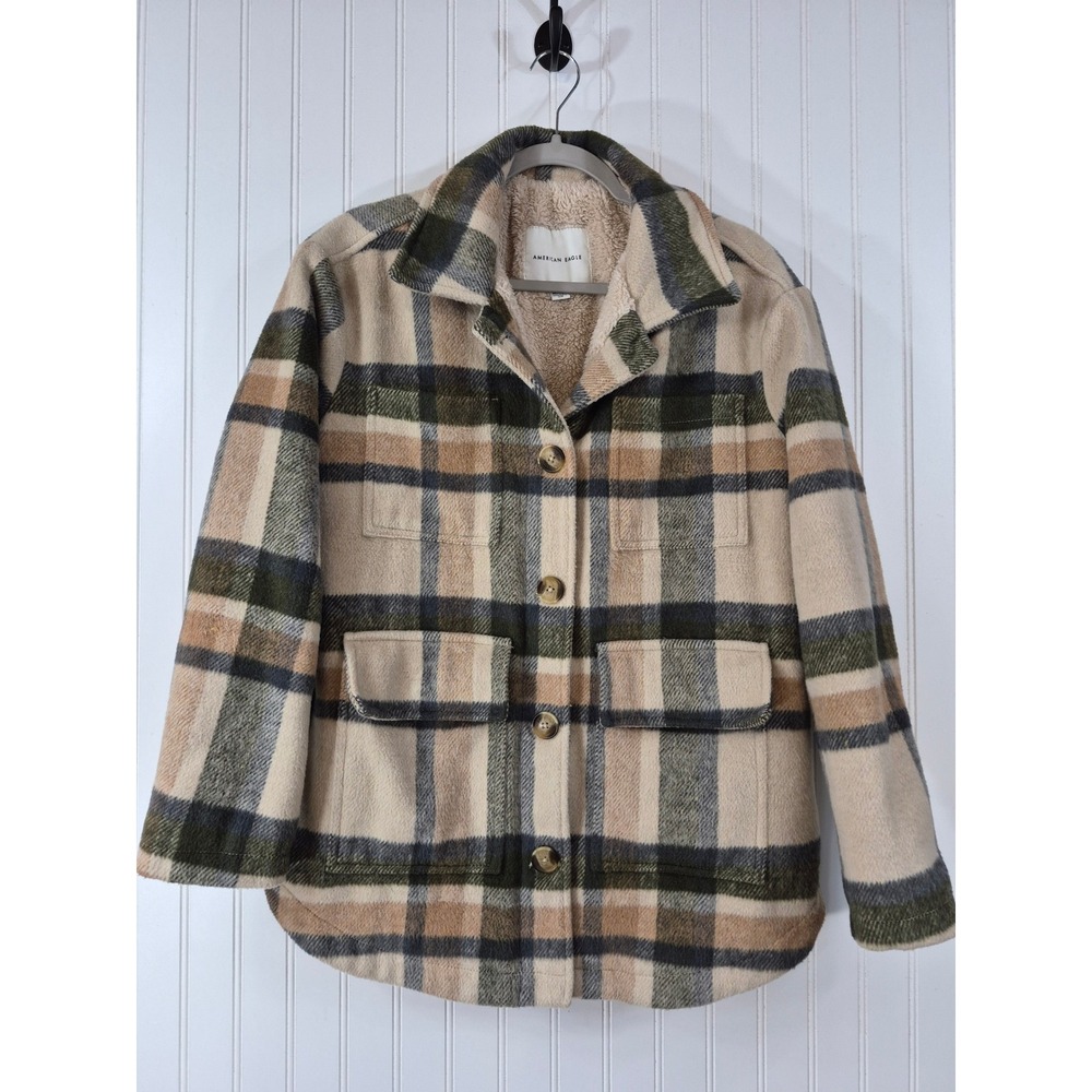 American Eagle Plaid Sherpa Lined Shacket Wool Blend Shirt‎ Jacket Green Tan XS